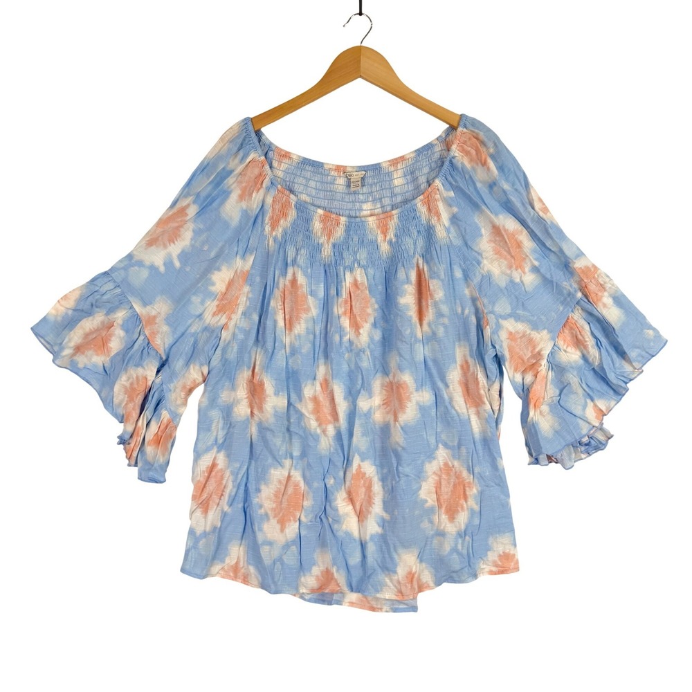 Cato Peasant Top Womens 22/24W Blue Coral Tie Dye Smocked Ruffle Sleeve NWT